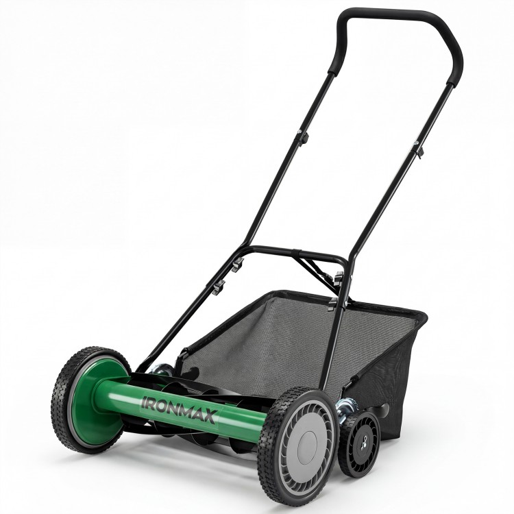 18-inch push reel lawn mower with removable grass catcher, featuring 5 blades and adjustable height settings for easy.