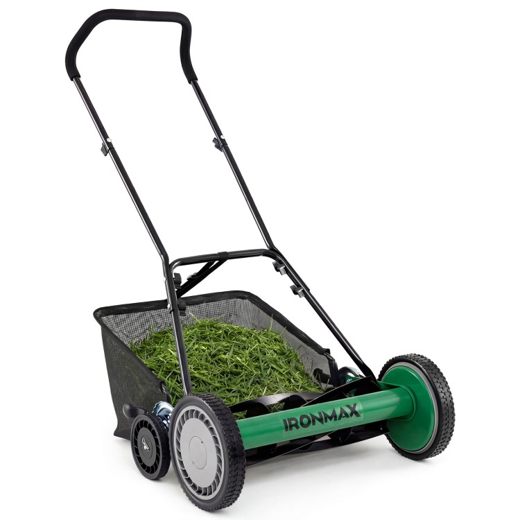 18-inch push reel lawn mower with removable grass catcher, featuring adjustable height settings for cleaner cuts.