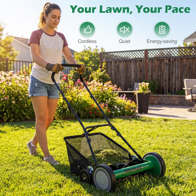 18-inch push reel lawn mower with removable grass catcher, ideal for quiet, energy-saving yard work and adjustable.