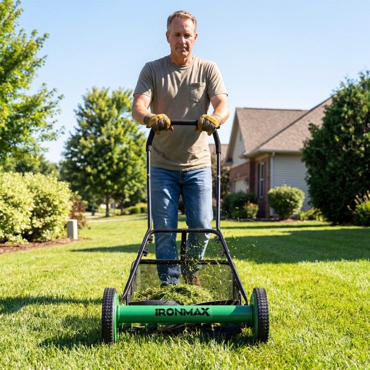 Push reel lawn mower in action, featuring an 18" cutting width and removable grass catcher for efficient lawn care.
