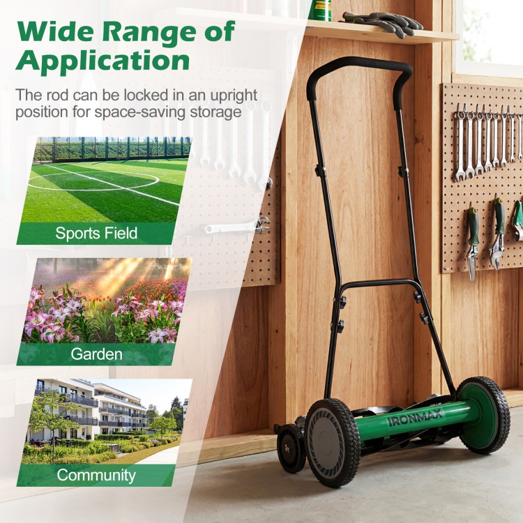 18-inch push reel lawn mower in green with removable grass catcher, ideal for gardens and community spaces.