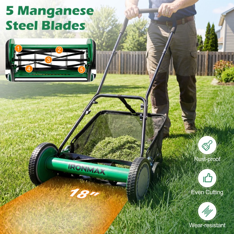 18-inch push reel lawn mower with 5 manganese steel blades, featuring a removable grass catcher for cleaner cuts.