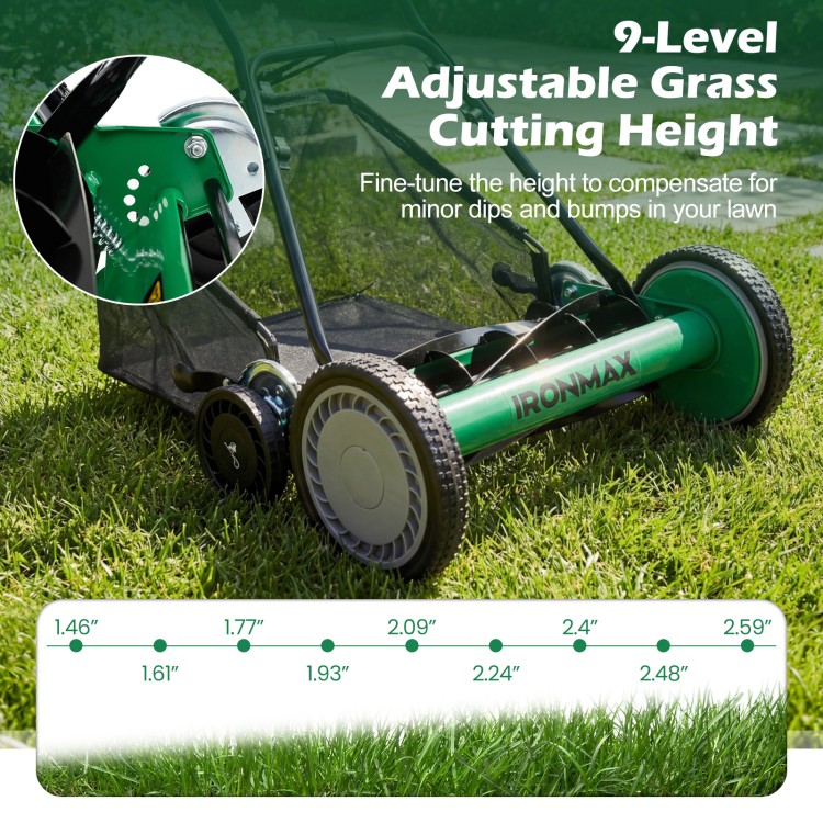 Adjustable grass cutting height on the 18-inch push reel lawn mower for precise lawn care and maintenance.