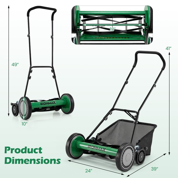 18-inch push reel lawn mower with removable grass catcher, adjustable height, and anti-slip wheels for easy mowing.