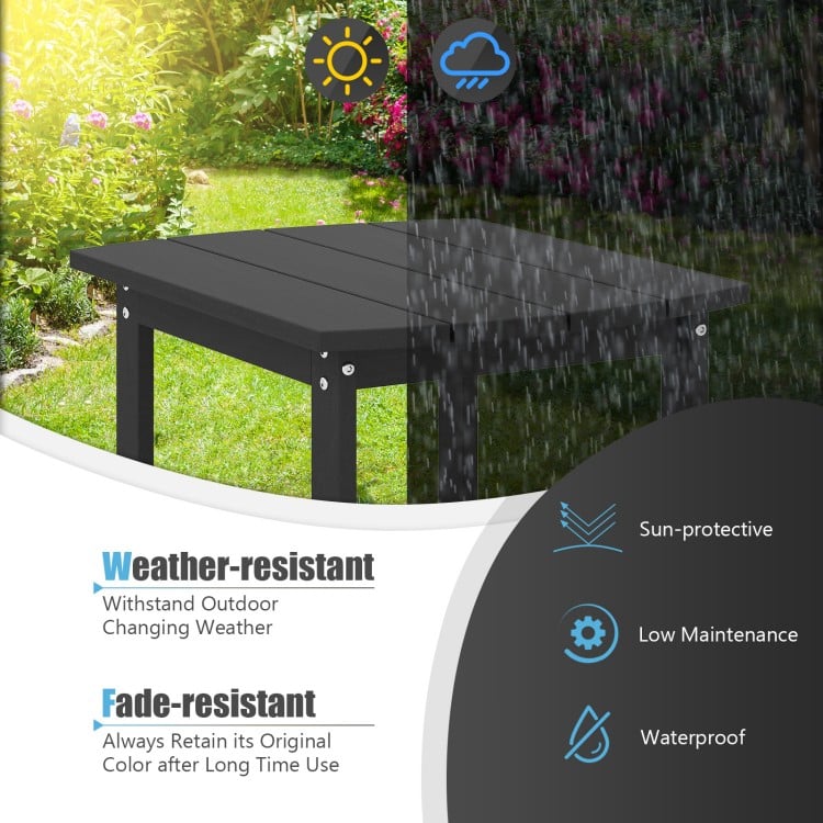 Black 18-inch weather-resistant side table made of HDPE, perfect for outdoor use with Adirondack chairs or indoors.