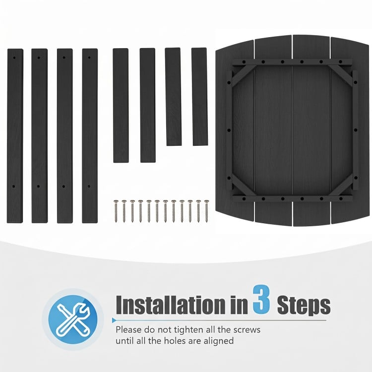 Installation components for the 18-inch black weather-resistant side table, featuring HDPE material and stainless steel screws.