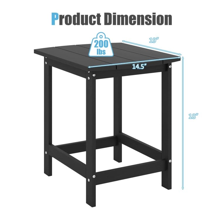 Black 18-inch weather-resistant side table made of HDPE, perfect for outdoor use with a strong 200 lbs capacity.