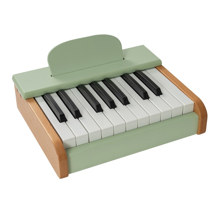 Wooden tabletop piano for kids with 18 keys in green, featuring a removable music stand for educational fun.