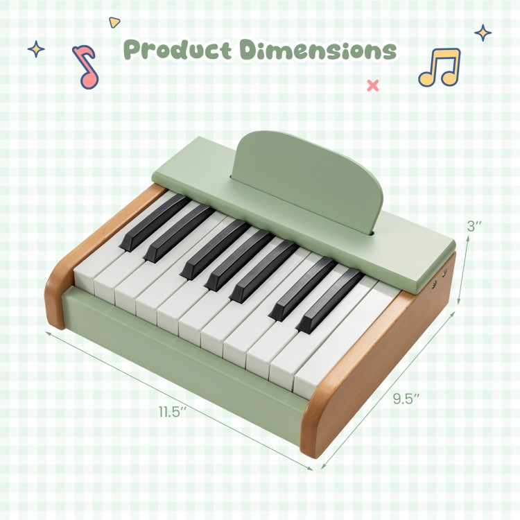 Tabletop view of the 18 keys wooden piano for kids in green, showcasing dimensions and removable music stand.