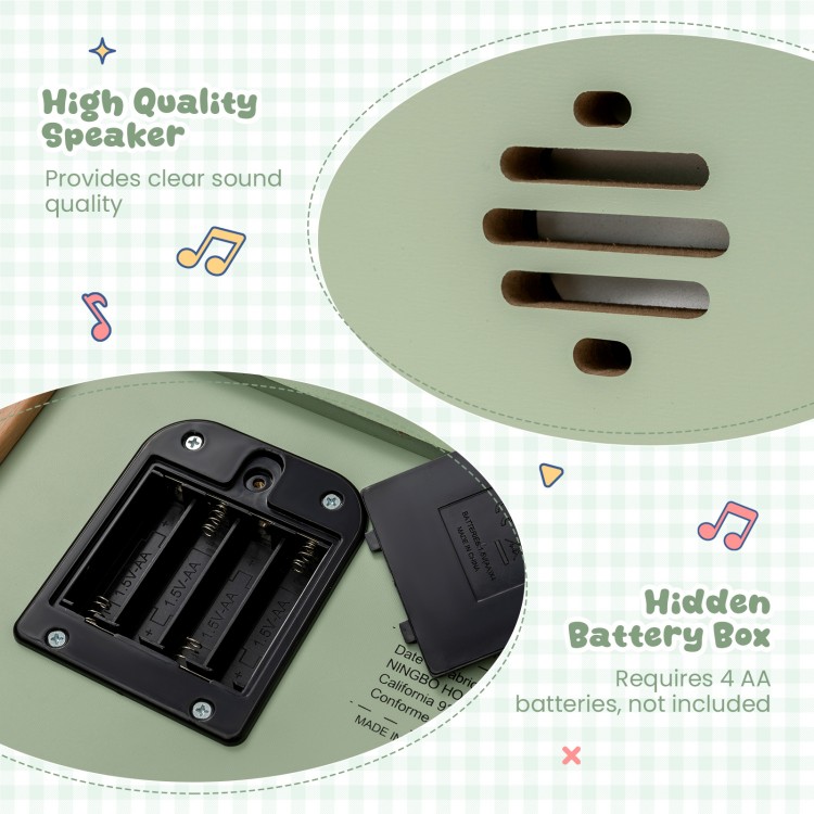 Close-up of the hidden battery box for the green 18 keys wooden piano, requiring 4 AA batteries for operation.