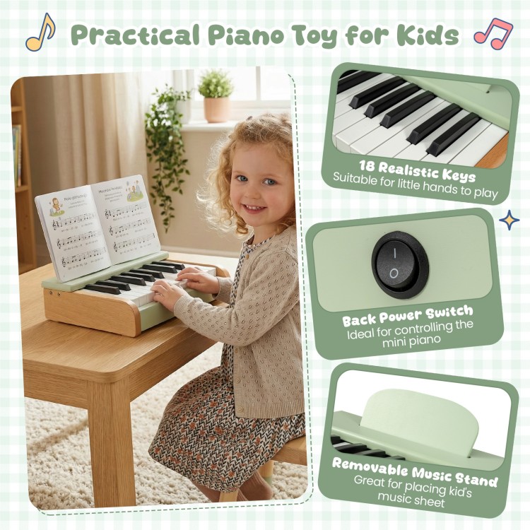 18-key wooden piano for kids in green, featuring a removable music stand, ideal for toddlers' musical development.
