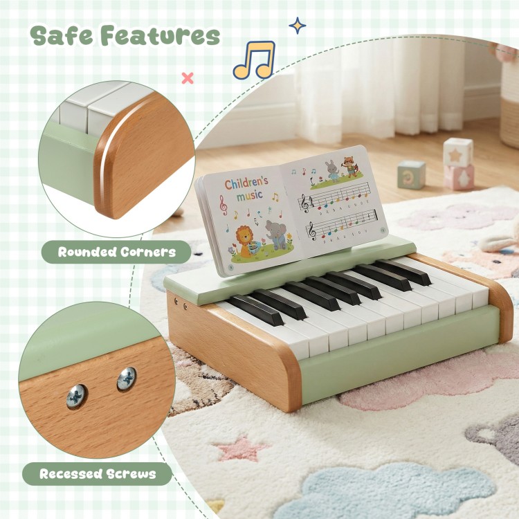 Close-up of the 18-key wooden piano for kids, highlighting rounded corners for safe play and sturdy design in green.