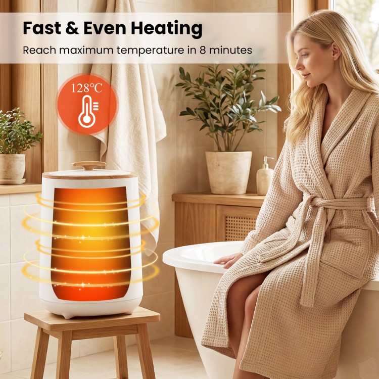 Large 18 L towel warmer with LED display, reaching 263°F in 8 minutes, perfect for a spa-like bathroom experience.