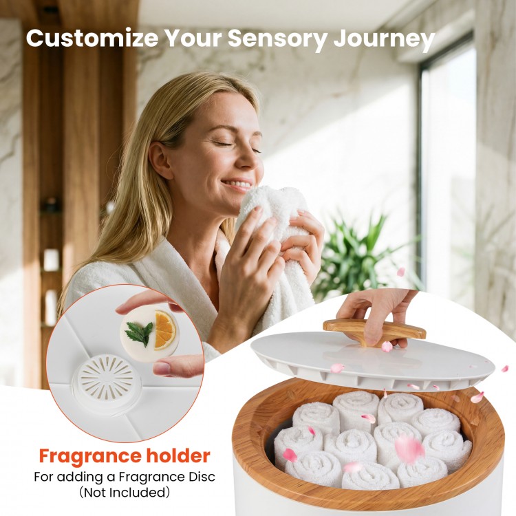 Large 18 L towel warmer with LED display, aromatherapy holder, and bamboo lid for a spa-like experience in the bathroom.