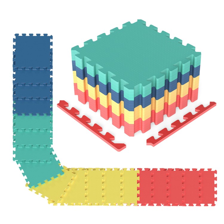 Interlocking multicolor EVA foam floor tiles with borders provide comfort and protection for home gyms and living spaces.
