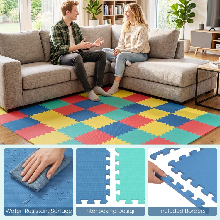 Multicolor interlocking EVA foam floor tiles with borders provide comfort and protection for living rooms and home gyms.