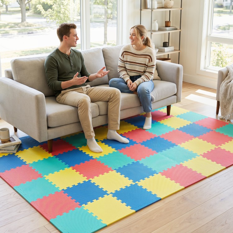 Multicolor interlocking EVA foam floor tiles provide comfort and shock absorption, ideal for living rooms and home gyms.