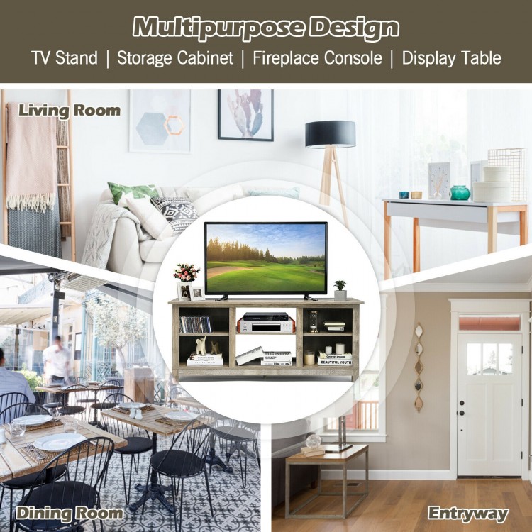 Gray 2-tier 58-inch TV stand with 6 open shelves, suitable for living room or entryway, holds up to 65" TVs.