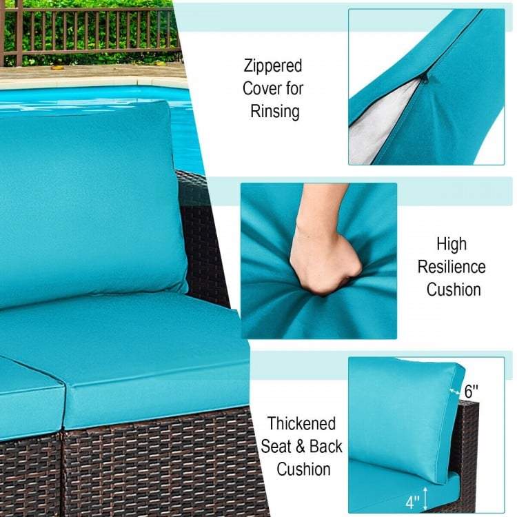 Close-up of the blue cushion with zipper detail on the 2PCS patio rattan sectional sofa set for easy cleaning.