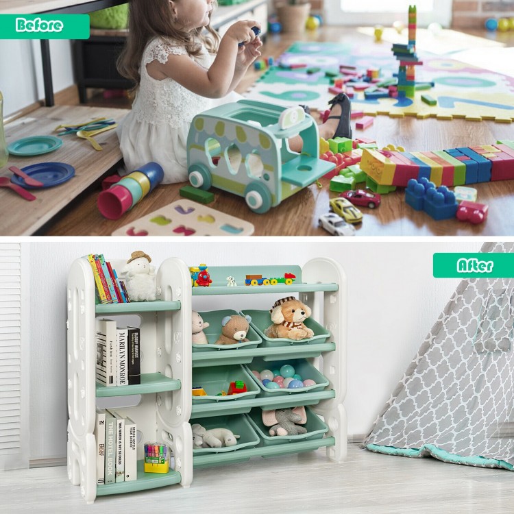 Multi-layer shelf of the green kids toy storage organizer, featuring a unique design for easy access and organization.