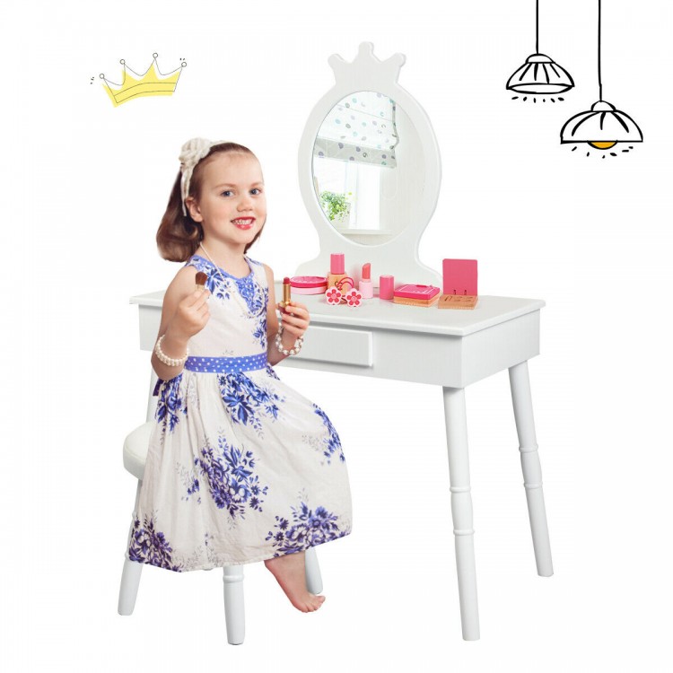 White vanity makeup table and chair set with a mirror, featuring a soft cushion stool, perfect for little girls.