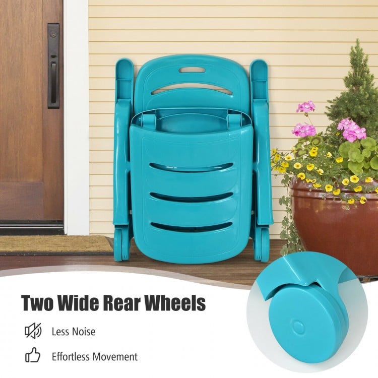 Folding lounger chaise chair in turquoise with two wide rear wheels for effortless movement, perfect for outdoor.