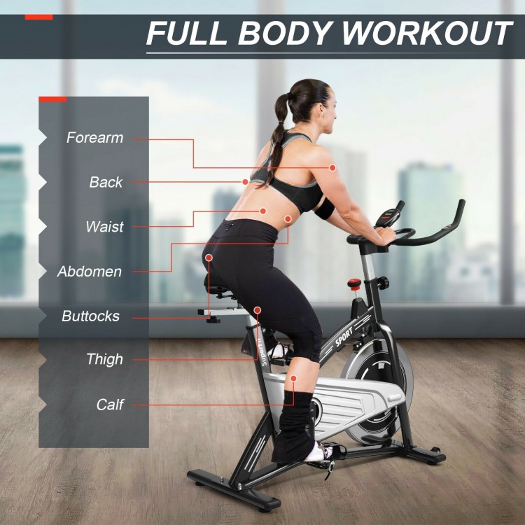 Spinning bike with adjustable seat and handlebars, featuring a 30 lbs flywheel for smooth, silent workouts at home or.