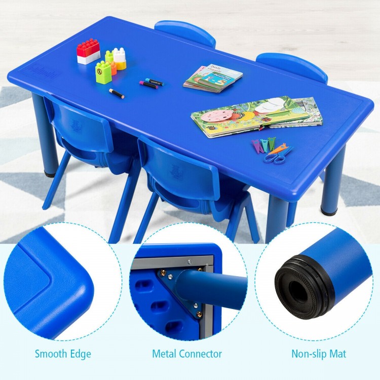 Kids plastic rectangular table in blue with smooth edges, designed for daycares and home use, perfect for group.