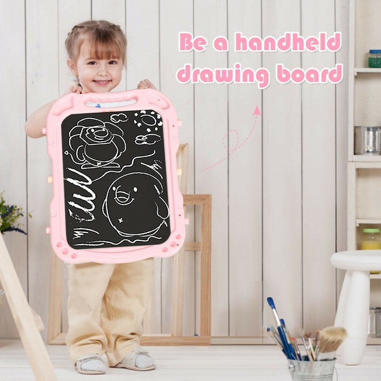 Height adjustable pink kids art easel with magnetic double-sided board, perfect for creative drawing anywhere.