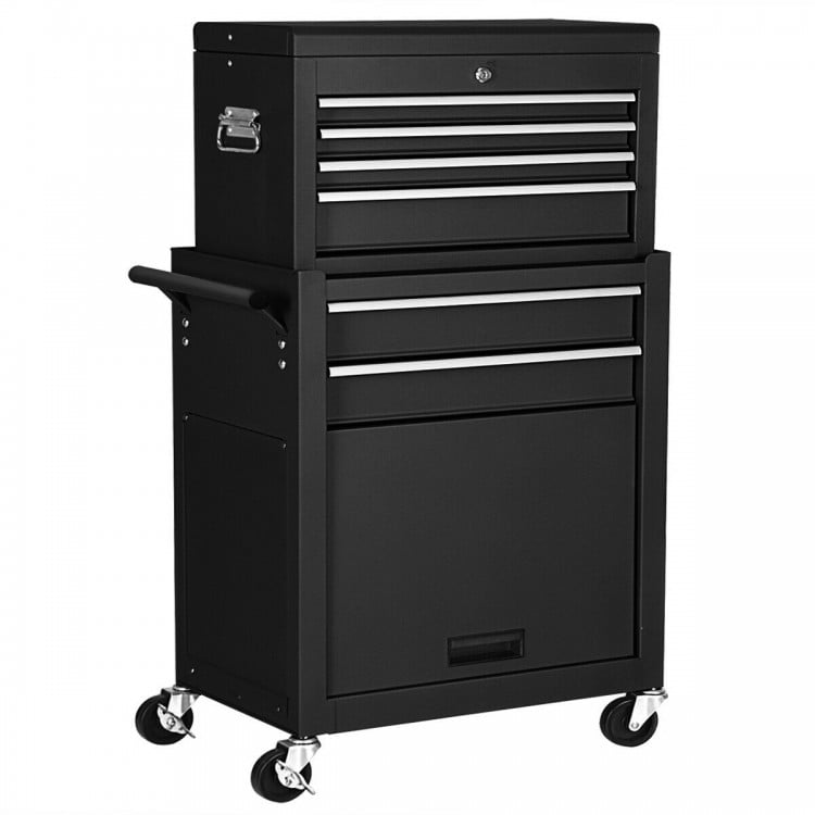 Rolling cabinet storage chest in black, made of durable steel with lockable drawers and wheels for easy mobility.