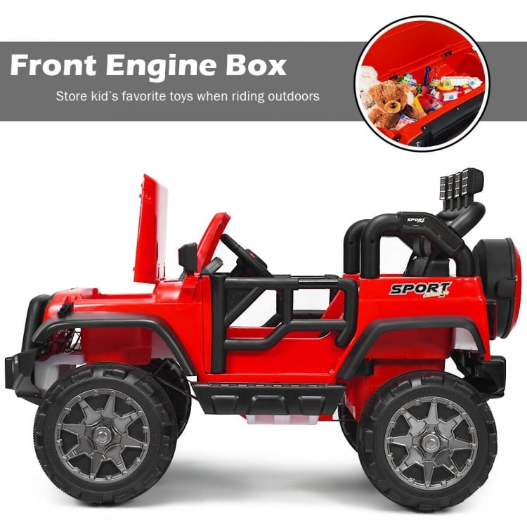 Red 12V 2-seater ride-on car with remote control, front engine storage, and safety belt for outdoor fun.