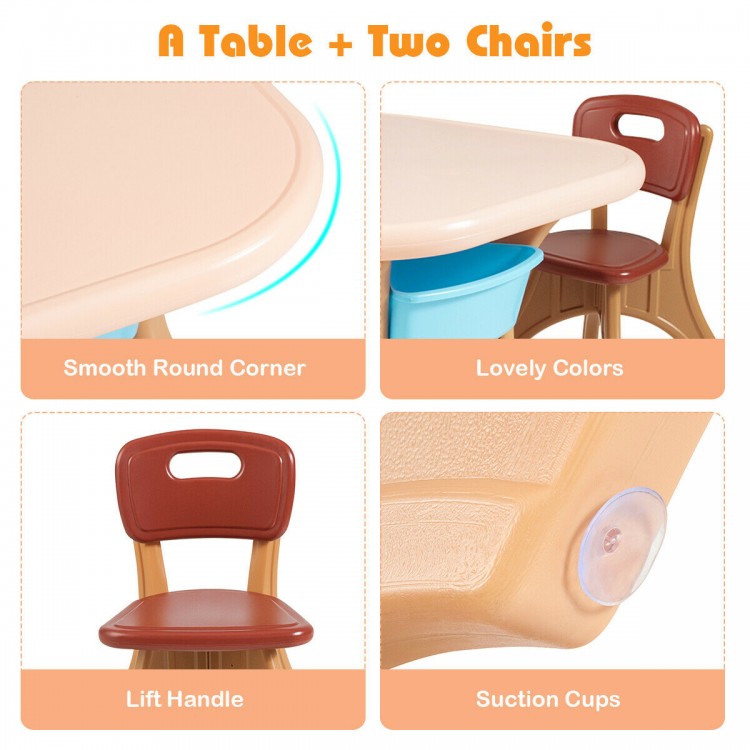 Kids activity table and chair set in lovely colors, featuring smooth round corners and storage drawers for playtime.
