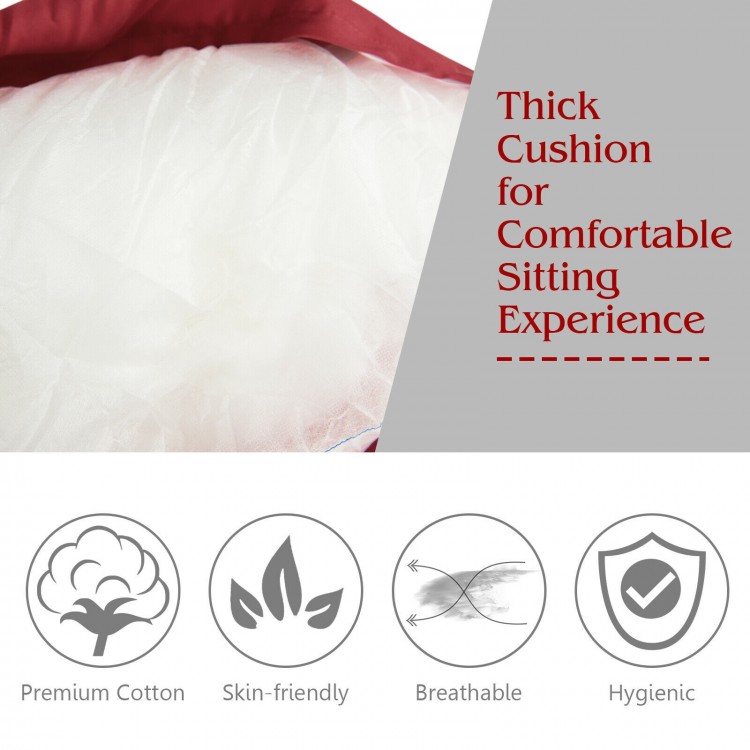 Thick soft cushion detail of the Rattan Papasan Chair in dark red, providing a comfortable sitting experience for.