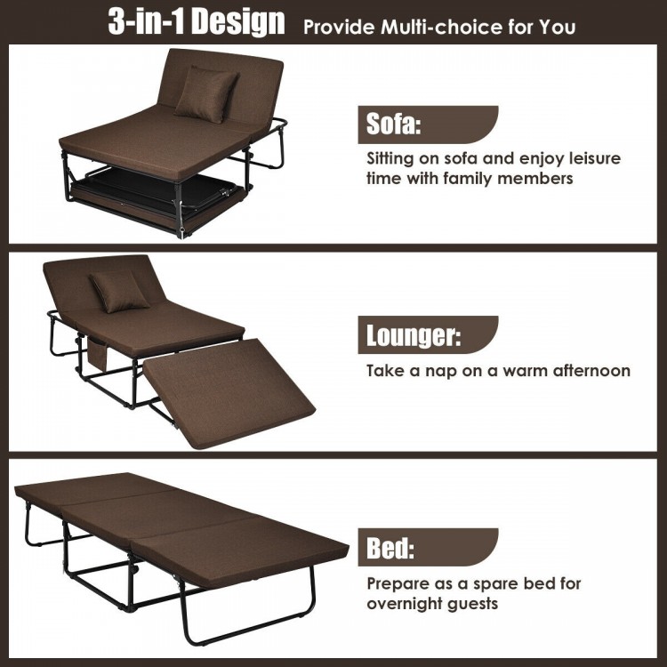 Folding guest sleeper bed in brown with 6 position adjustment, ideal for home, office, or camping use.