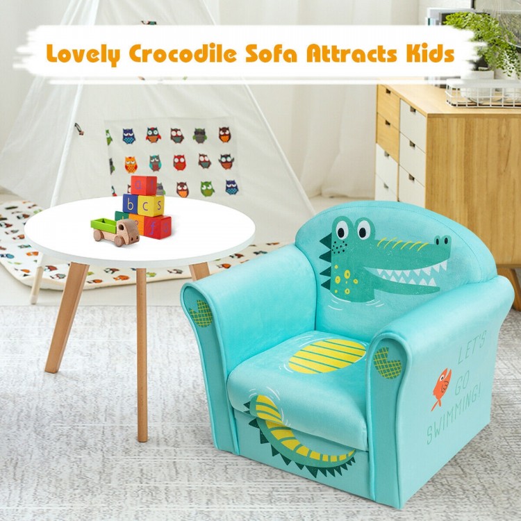 Kids Crocodile Armrest Upholstered Couch in turquoise with cute crocodile pattern, perfect for reading and relaxing.