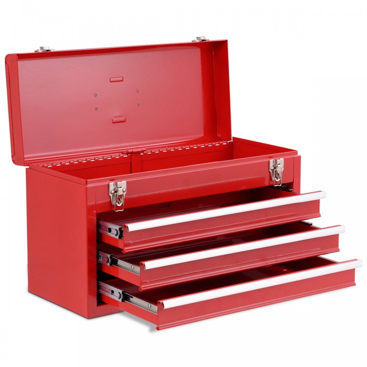 Portable red garage mechanic tool cabinet box with three drawers and top tray for easy tool organization.