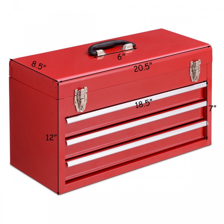 Portable red mechanic tool cabinet box with three drawers, easy grip handle, and top tray for wider tools.