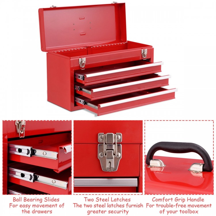 Portable red garage mechanic tool cabinet box with three drawers, easy grip handle, and top tray for wider tools.