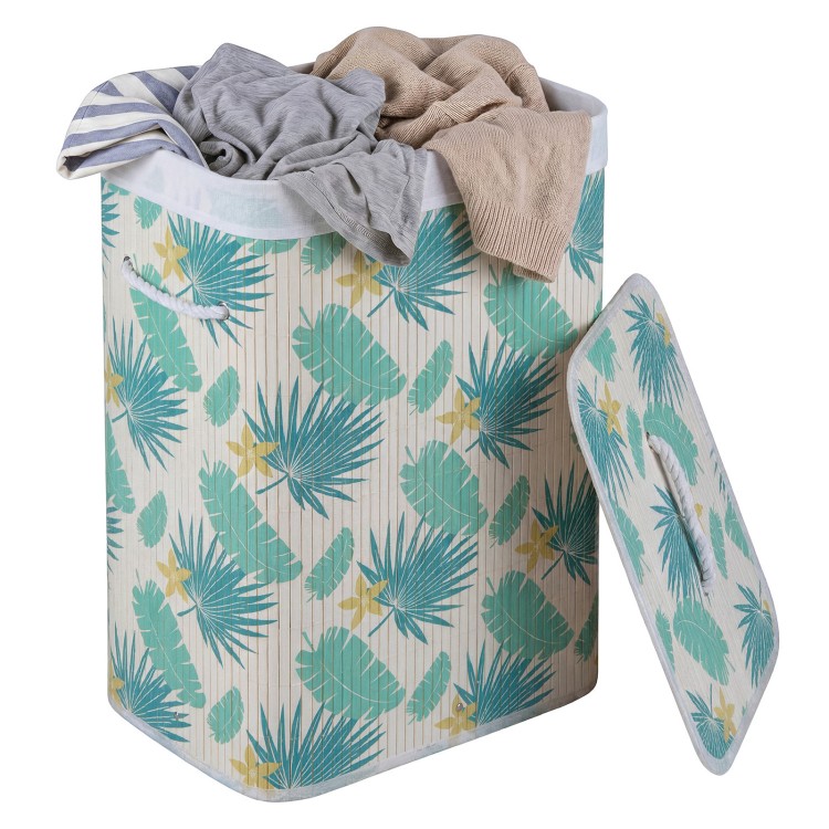 Bamboo clothes hamper with removable liner, featuring a green rainforest pattern, perfect for laundry organization.