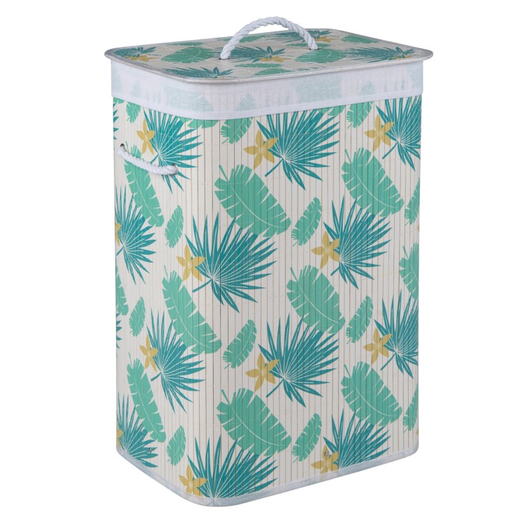 Bamboo clothes hamper with removable liner, featuring a green rainforest pattern, perfect for laundry storage.