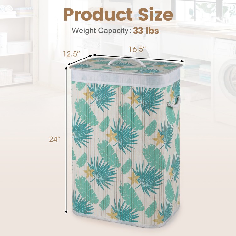 Bamboo clothes hamper with removable liner, featuring a rainforest pattern, measuring 24" tall and 19 gallons capacity.