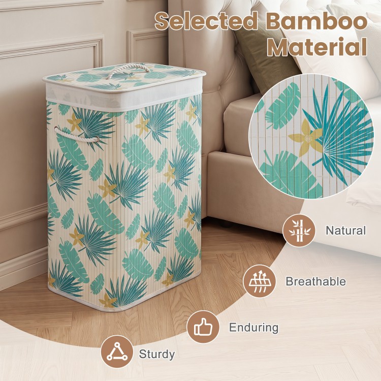 Bamboo clothes hamper with removable liner, featuring a green rainforest pattern, perfect for laundry room organization.