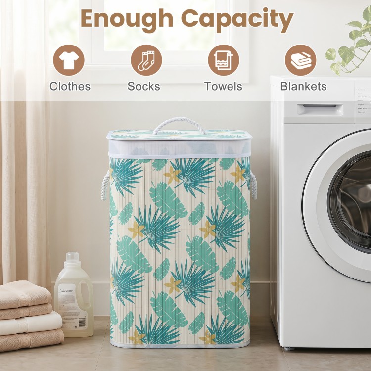 Bamboo clothes hamper with rainforest pattern, 19-gal capacity, removable liner, and portable handles for easy carrying.