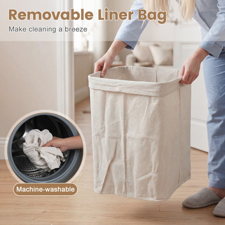 Bamboo clothes hamper with removable liner, featuring a natural texture and portable handles for easy carrying.