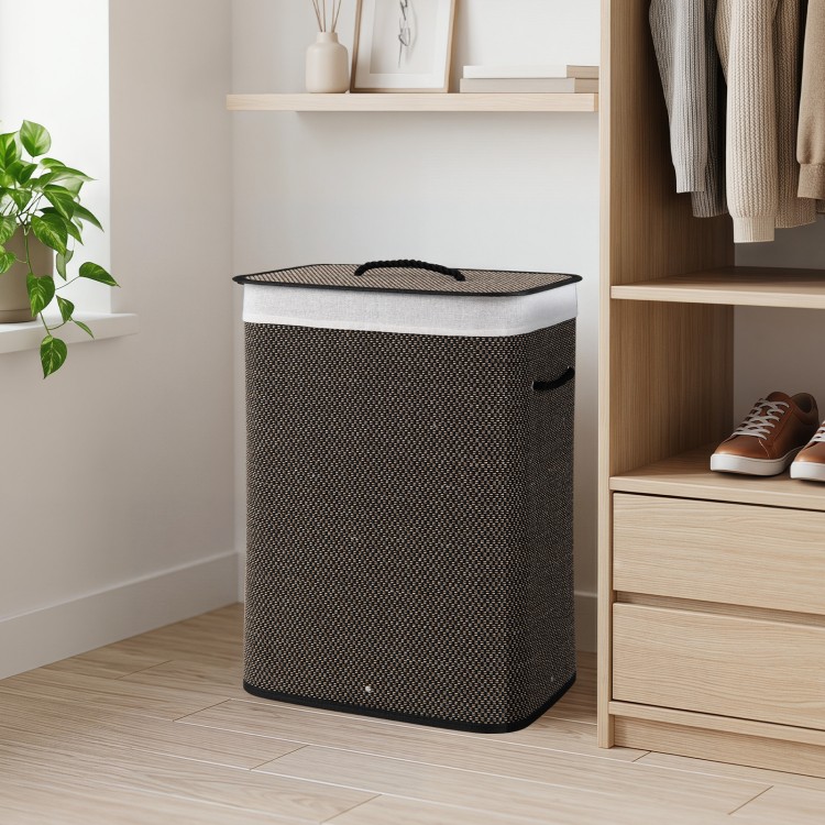 Black bamboo clothes hamper with top handle and removable liner, designed for easy laundry access and stylish storage.