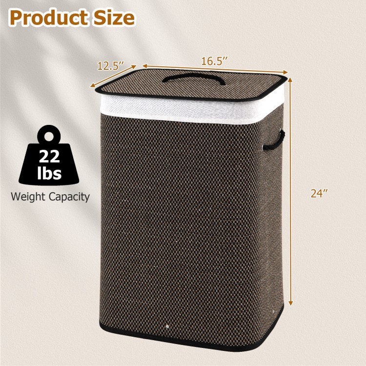Bamboo clothes hamper with removable liner, 19-gal capacity, portable handles, and foldable design for easy storage.