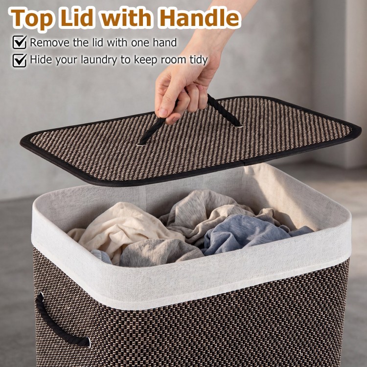 Bamboo clothes hamper with removable liner and top lid, featuring portable handles for easy carrying and storage.