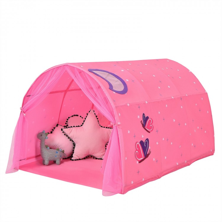 Pink kids play tent with starry sky design, mesh windows, and double net curtains, perfect for indoor and outdoor fun.