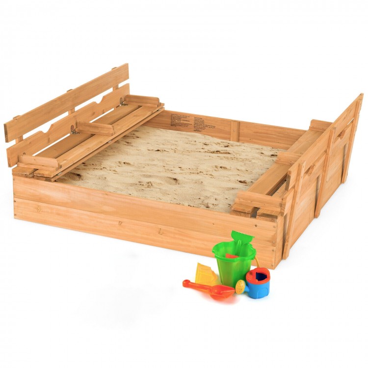 Kids wooden sandbox with foldable bench seats, made of fir wood, suitable for 3-4 children, features a bottomless.