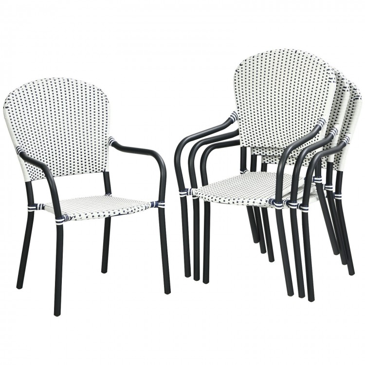 Set of 4 stackable patio dining chairs with armrests, made of weather-resistant PE rattan for outdoor use.